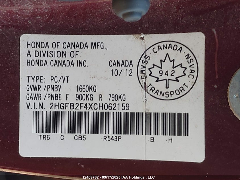 2HGFB2F4XCH062159 2012 HONDA CIVIC photo no. 9