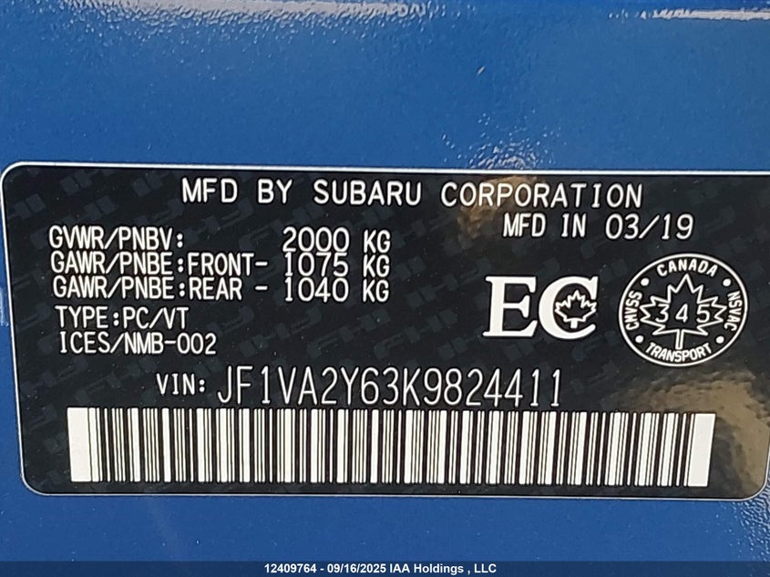 JF1VA2Y63K9824411 2019 SUBARU WRX STI photo no. 9