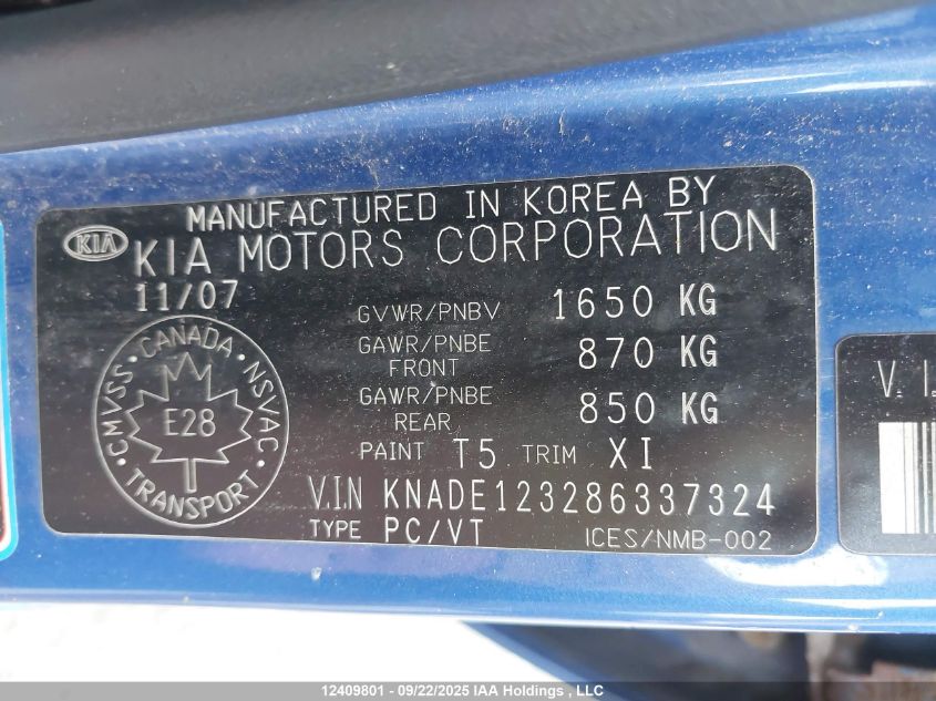 2008 Kia Rio VIN: KNADE123286337324 Lot: 12409801