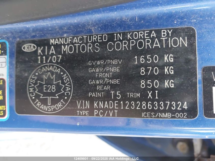 2008 Kia Rio VIN: KNADE123286337324 Lot: 12409801