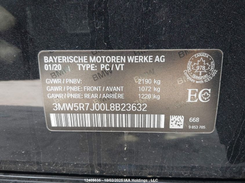 2020 BMW 330I xDrive VIN: 3MW5R7J00L8B23632 Lot: 12409835