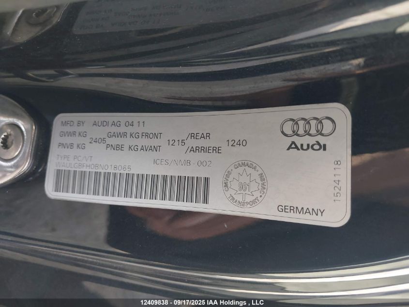 2011 Audi S5 3.0 Premium VIN: WAULGBFH0BN018065 Lot: 12409838