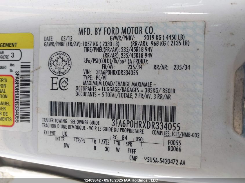 2013 Ford Fusion Se VIN: 3FA6P0HRXDR334055 Lot: 12409842