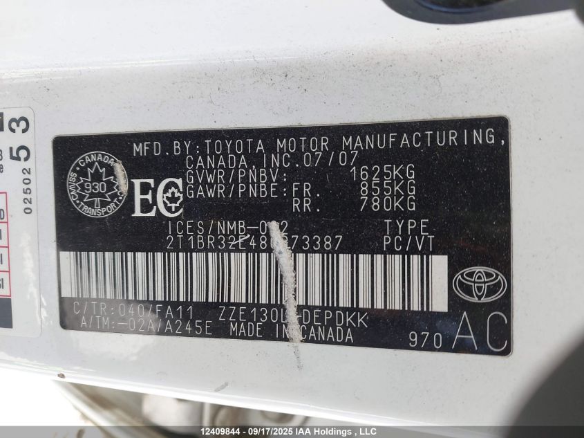 2008 Toyota Corolla Ce VIN: 2T1BR32E48C873387 Lot: 12409844