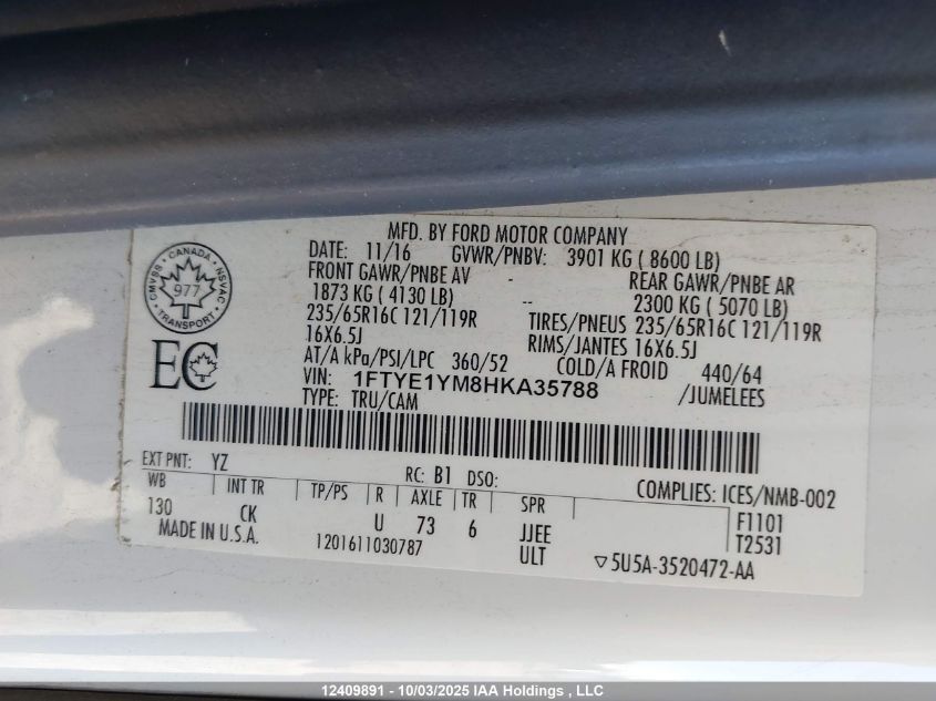 2017 Ford Transit-150 VIN: 1FTYE1YM8HKA35788 Lot: 12409891