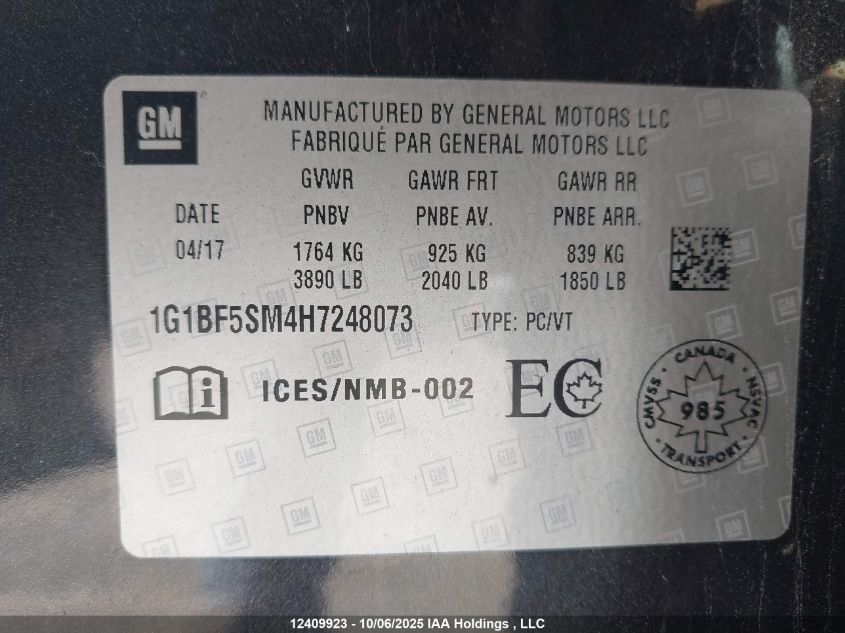 2017 Chevrolet Cruze Premier Auto VIN: 1G1BF5SM4H7248073 Lot: 12409923