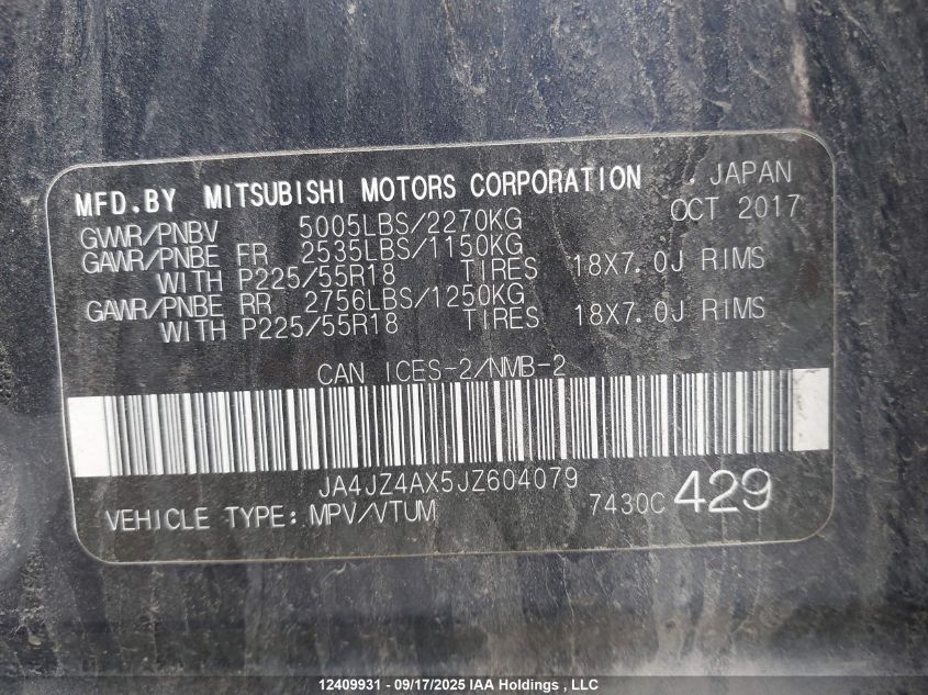 2018 Mitsubishi Outlander Gt VIN: JA4JZ4AX5JZ604079 Lot: 12409931