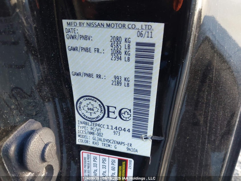 2012 Nissan Altima 3.5 Sr VIN: 1N4BL2EP4CC114044 Lot: 12409935