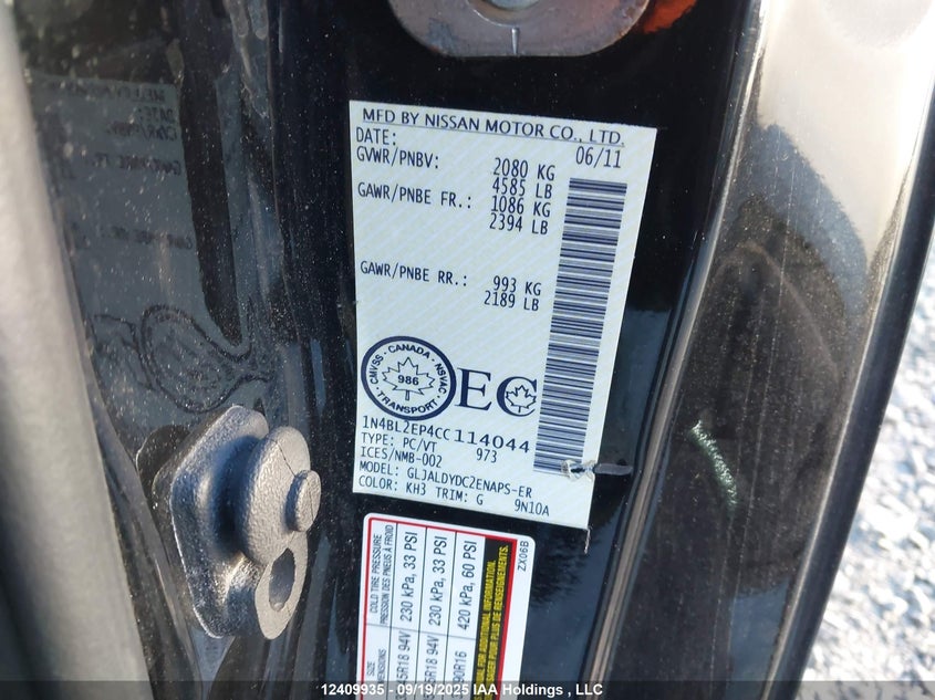 2012 Nissan Altima 3.5 Sr VIN: 1N4BL2EP4CC114044 Lot: 12409935