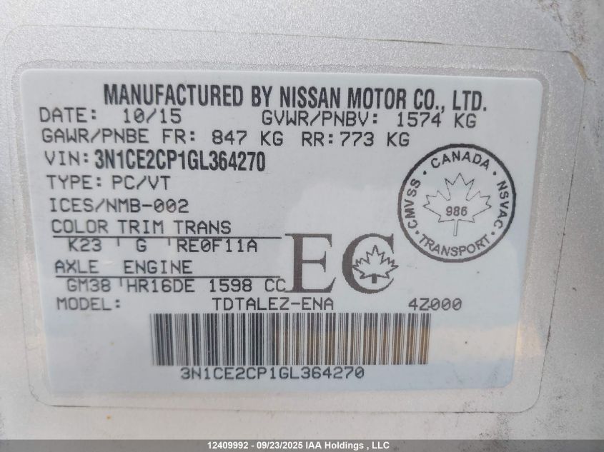 2016 Nissan Versa Note S/S Plus/Sv/Sl/Sr VIN: 3N1CE2CP1GL364270 Lot: 12409992
