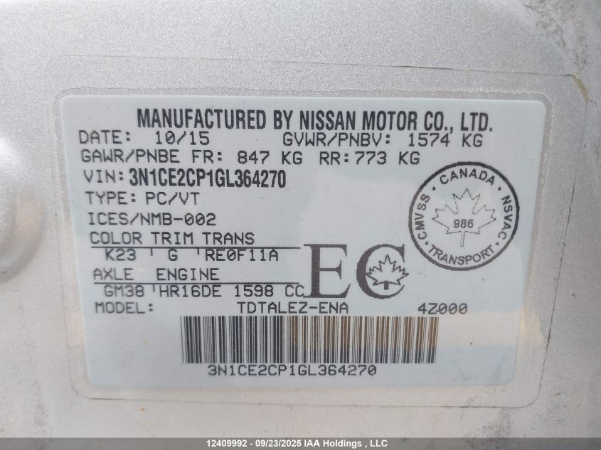 2016 Nissan Versa Note S/S Plus/Sv/Sl/Sr VIN: 3N1CE2CP1GL364270 Lot: 12409992