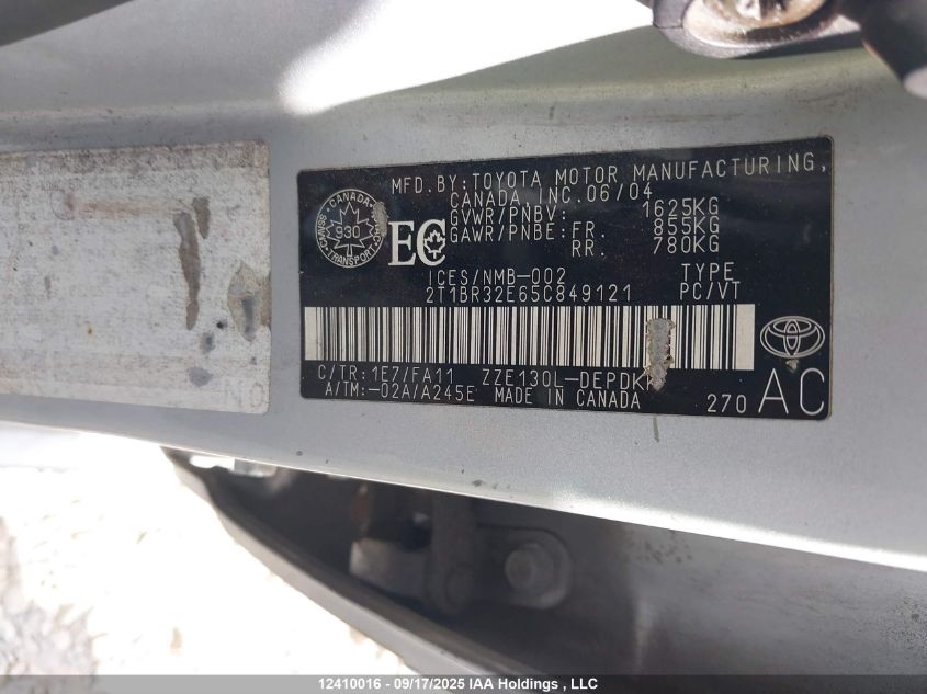 2005 Toyota Corolla Ce/Le/Sport VIN: 2T1BR32E65C849121 Lot: 12410016