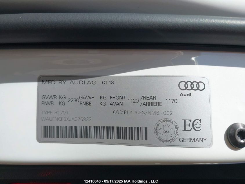 2018 Audi A5 Prestige S-Line VIN: WAUFNCF5XJA076933 Lot: 12410043