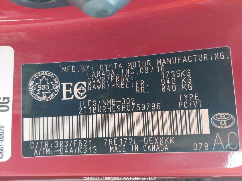 2017 Toyota Corolla VIN: 2T1BURHE9HC759796 Lot: 12410067