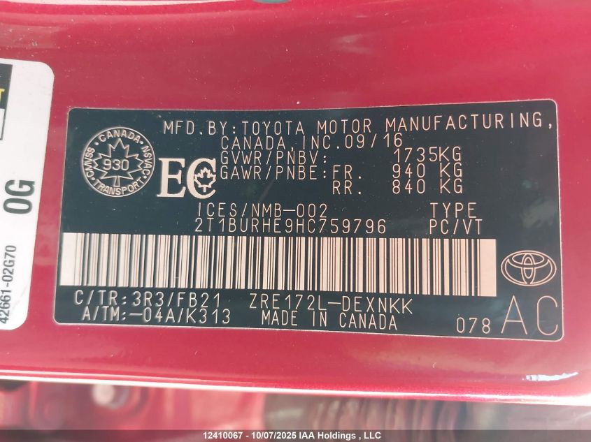 2017 Toyota Corolla VIN: 2T1BURHE9HC759796 Lot: 12410067