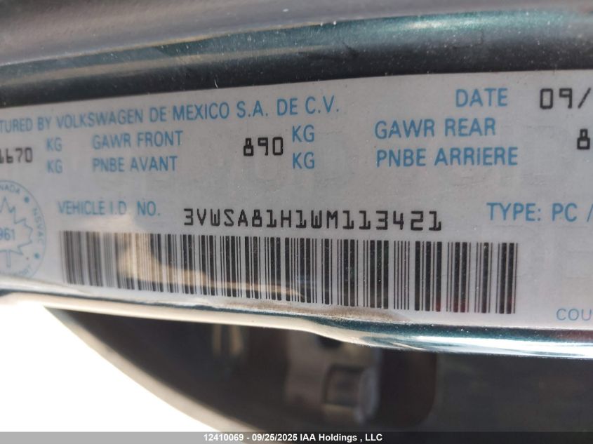 1998 Volkswagen Jetta Gls VIN: 3VWSA81H1WM113421 Lot: 12410069