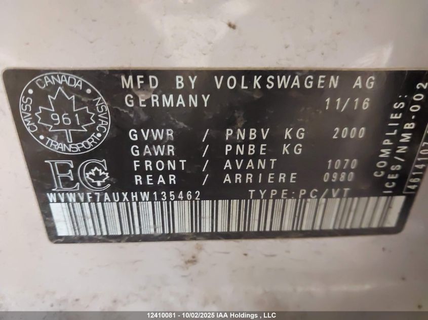 2017 Volkswagen Golf R VIN: WVWVF7AUXHW135462 Lot: 12410081