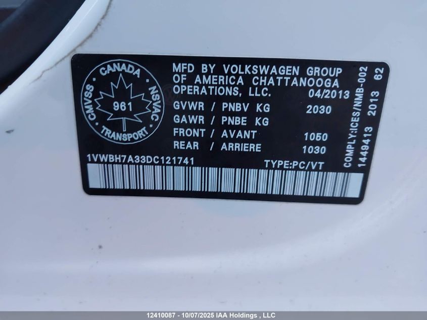 2013 Volkswagen Passat 2.5L Comfortline VIN: 1VWBH7A33DC121741 Lot: 12410087