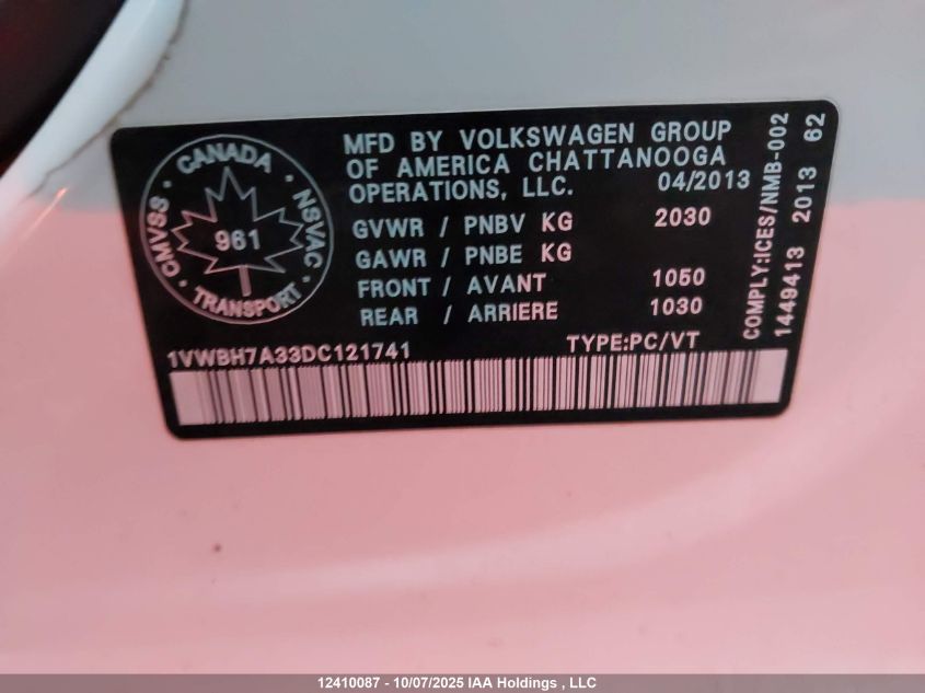 2013 Volkswagen Passat 2.5L Comfortline VIN: 1VWBH7A33DC121741 Lot: 12410087