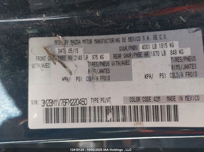 2015 Mazda Mazda3 VIN: 3MZBM1V76FM220450 Lot: 12410124