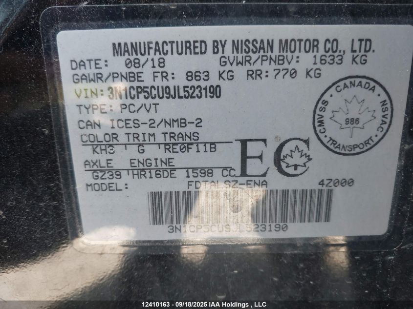 2018 Nissan Kicks S/Sr/Sv VIN: 3N1CP5CU9JL523190 Lot: 12410163