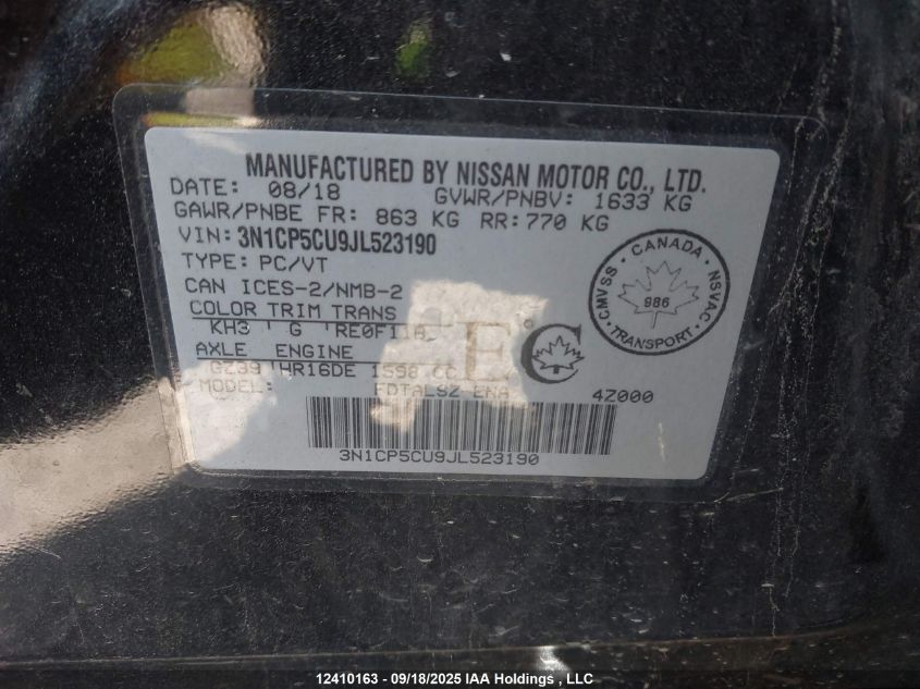 2018 Nissan Kicks S/Sr/Sv VIN: 3N1CP5CU9JL523190 Lot: 12410163