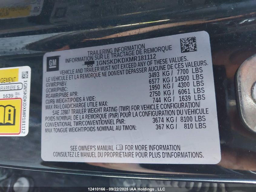 2021 Chevrolet Suburban Z71 VIN: 1GNSKDKDXMR181112 Lot: 12410166