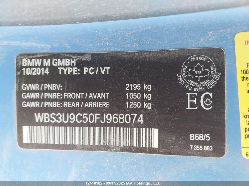 2015 BMW M4 VIN: WBS3U9C50FJ968074 Lot: 12410182