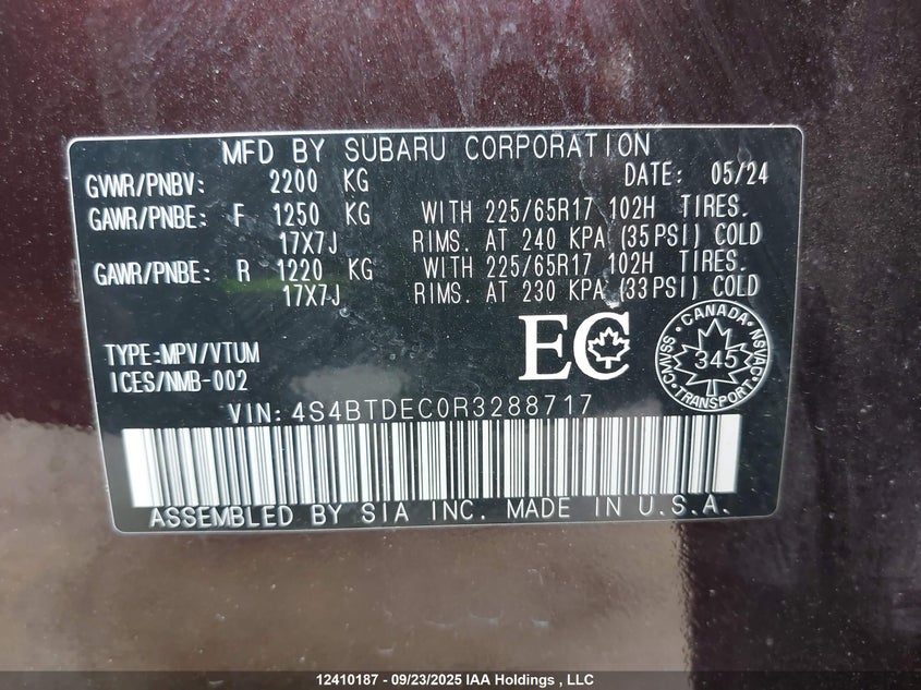 2024 Subaru Legacy Outback VIN: 4S4BTDEC0R3288717 Lot: 12410187