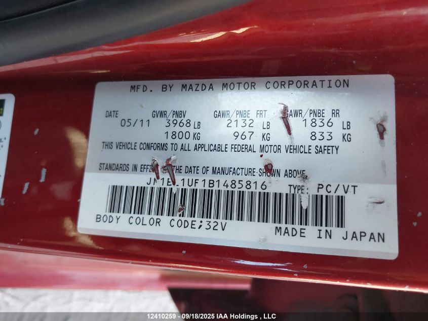 2011 Mazda Mazda3 Gx VIN: JM1BL1UF1B1485816 Lot: 12410259