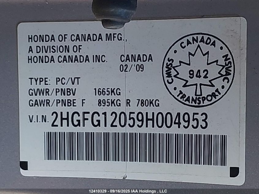 2009 Honda Civic Ex-L VIN: 2HGFG12059H004953 Lot: 12410329