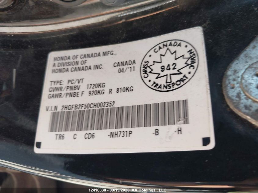 2012 Honda Civic Lx VIN: 2HGFB2F50CH002352 Lot: 12410330