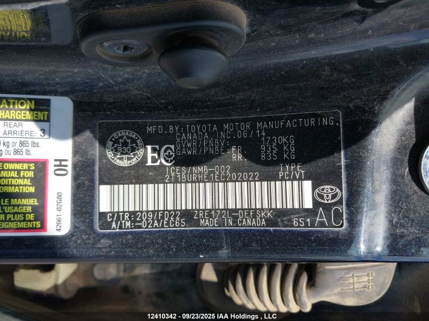 2014 Toyota Corolla L/Le/Le Pls/Prm/S/S Pls VIN: 2T1BURHE1EC202022 Lot: 12410342