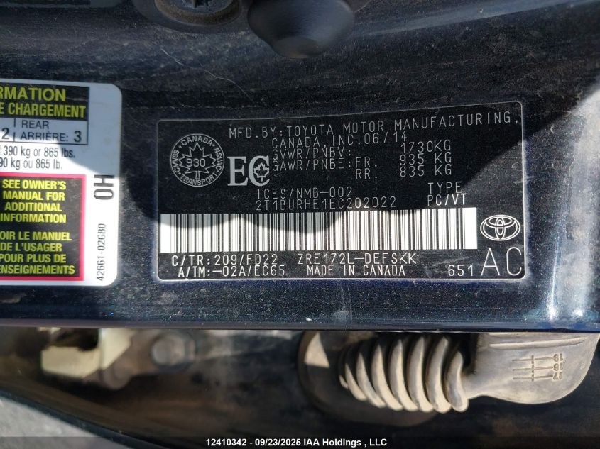 2014 Toyota Corolla L/Le/Le Pls/Prm/S/S Pls VIN: 2T1BURHE1EC202022 Lot: 12410342