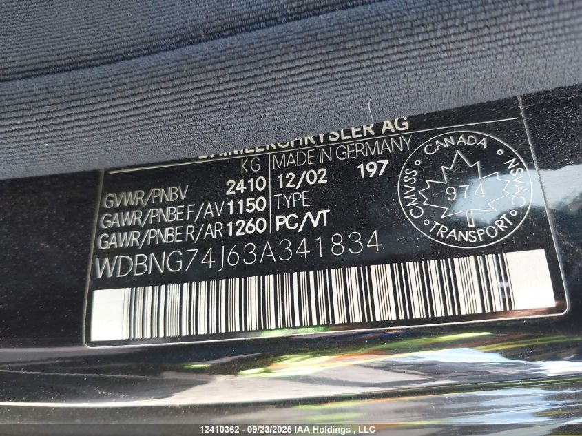 2003 Mercedes-Benz S 55 Amg VIN: WDBNG74J63A341834 Lot: 12410362