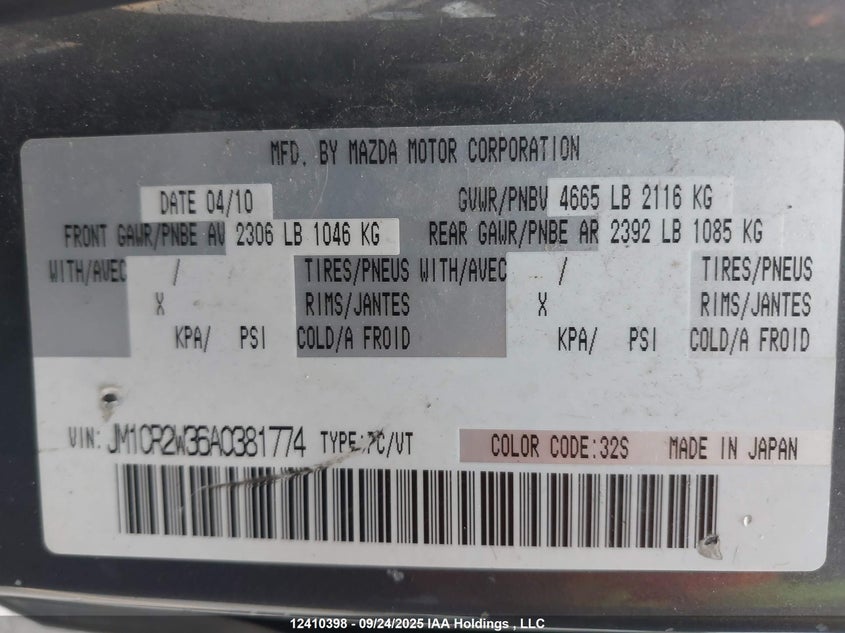 2010 Mazda Mazda5 VIN: JM1CR2W36A0381774 Lot: 12410398