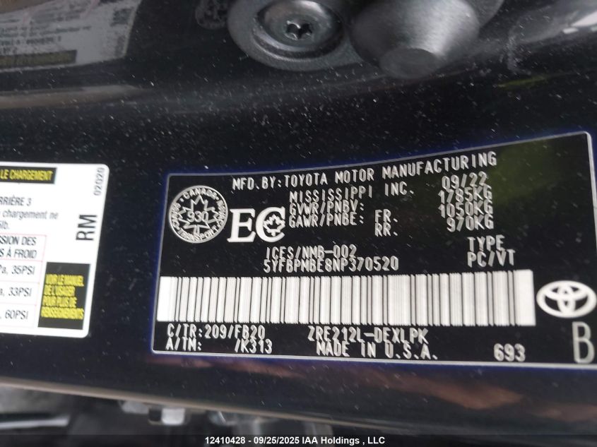 2022 Toyota Corolla Le VIN: 5YFBPMBE8NP370520 Lot: 12410428