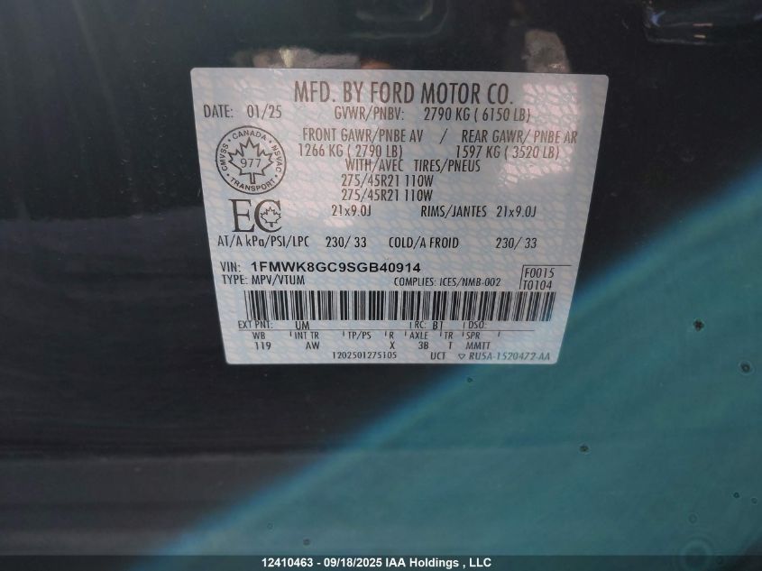 2025 Ford Explorer VIN: 1FMWK8GC9SGB40914 Lot: 12410463