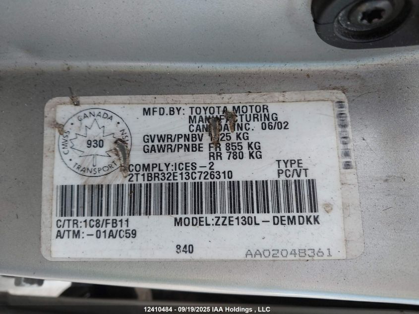 2003 Toyota Corolla Ce/Le/Sport VIN: 2T1BR32E13C726310 Lot: 12410484