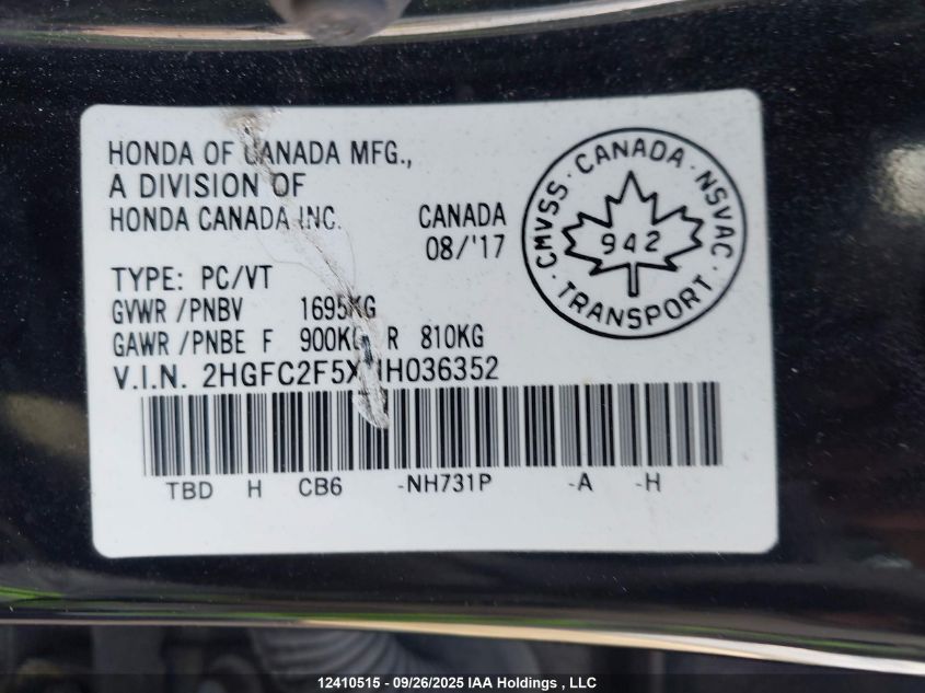 2017 Honda Civic Lx VIN: 2HGFC2F5XHH036352 Lot: 12410515