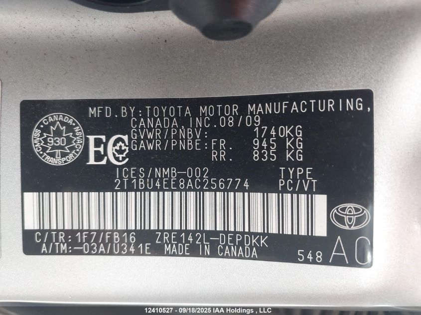 2010 Toyota Corolla VIN: 2T1BU4EE8AC256774 Lot: 12410527