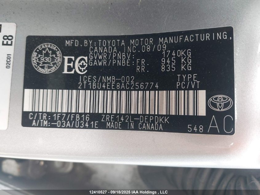 2010 Toyota Corolla VIN: 2T1BU4EE8AC256774 Lot: 12410527