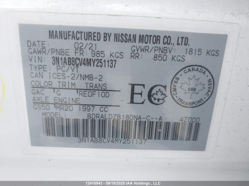 3N1AB8CV4MY251137 2021 NISSAN SENTRA photo no. 9