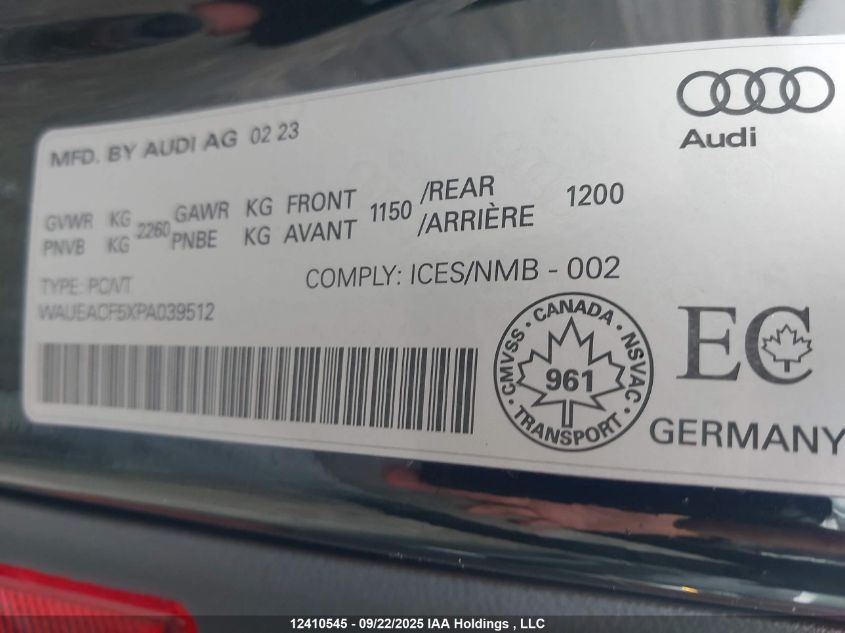 2023 Audi A5 45 Technik VIN: WAUEACF5XPA039512 Lot: 12410545