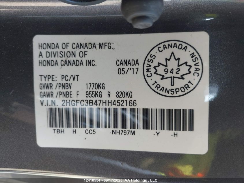 2017 Honda Civic Ex VIN: 2HGFC3B47HH452166 Lot: 12410554