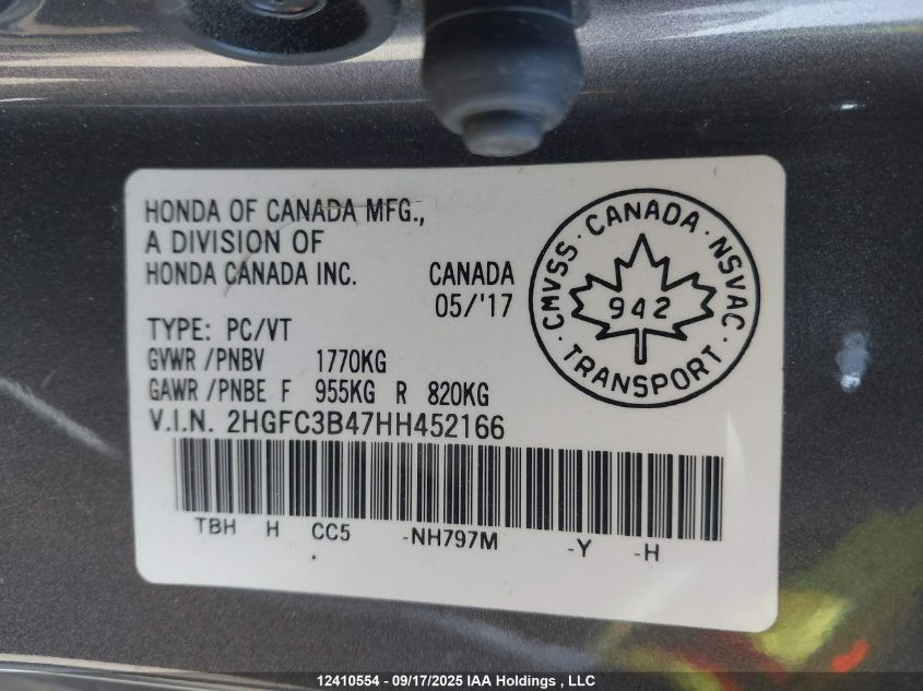 2017 Honda Civic Ex VIN: 2HGFC3B47HH452166 Lot: 12410554