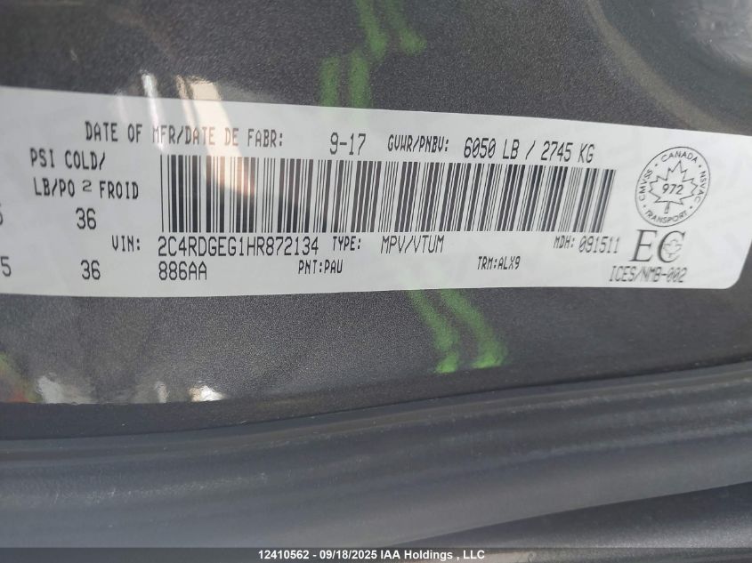 2017 Dodge Grand Caravan Gt VIN: 2C4RDGEG1HR872134 Lot: 12410562