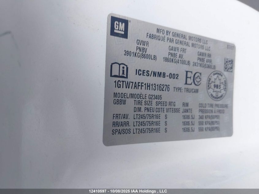 2017 GMC GMC VIN: 1GTW7AFF1H1316276 Lot: 12410597