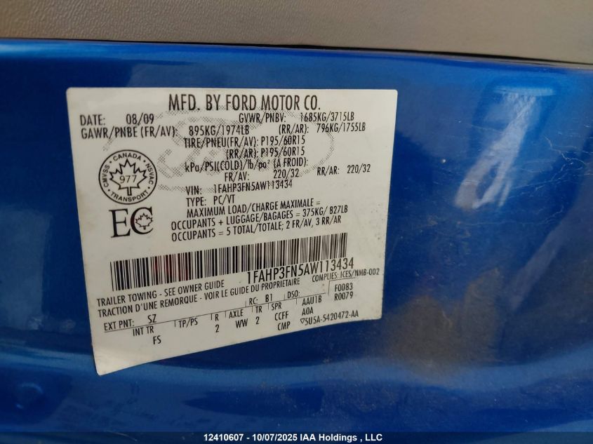 2010 Ford Focus VIN: 1FAHP3FN5AW113434 Lot: 12410607