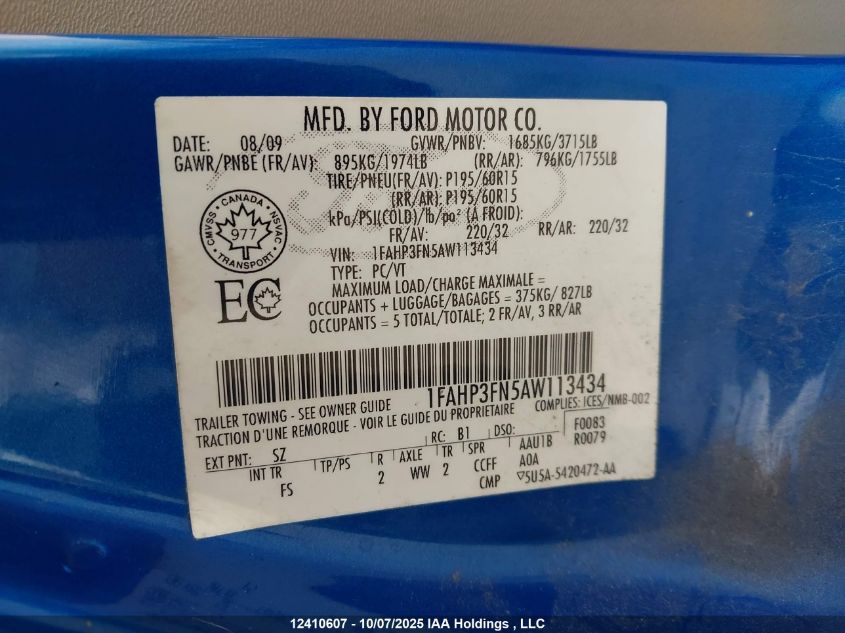 2010 Ford Focus VIN: 1FAHP3FN5AW113434 Lot: 12410607